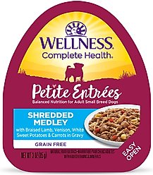 Wellness Complete Health Petite Entrees Adult Small Breed Grain-Free Lamb, Venison, Sweet Potatoes & Carrots Shredded Medley Wet Dog Food, 3-oz cup, case of 12