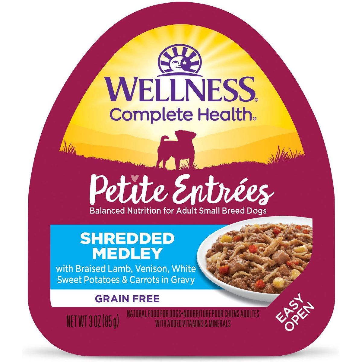 Wellness Complete Health Petite Entrees Adult Small Breed Grain-Free Lamb, Venison, Sweet Potatoes & Carrots Shredded Medley Wet Dog Food, 3-oz cup, case of 12