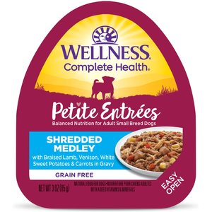Wellness Complete Health Petite Entrees Adult Small Breed Grain-Free Lamb, Venison, Sweet Potatoes & Carrots Shredded Medley Wet Dog Food, 3-oz cup, case of 12