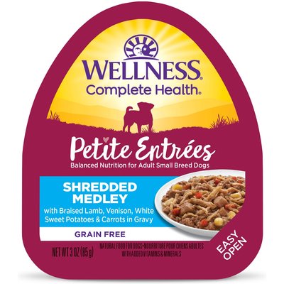 Wellness Wellness Complete Health Petite Entrees Adult Small Breed Grain-Free Lamb, Venison, Sweet Potatoes & Carrots Shredded Medley Wet Dog Food, 3-oz cup, case of 12