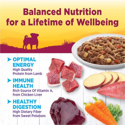 Show full view: Wellness Complete Health Petite Entrees Adult Small Breed Grain-Free Lamb, Venison, Sweet Potatoes & Carrots Shredded Medley Wet Dog Food, 3-oz cup, case of 12 slide 3 of 9