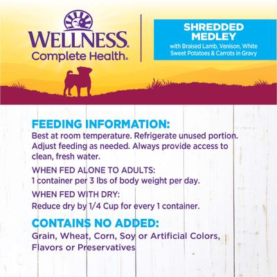 Show full view: Wellness Complete Health Petite Entrees Adult Small Breed Grain-Free Lamb, Venison, Sweet Potatoes & Carrots Shredded Medley Wet Dog Food, 3-oz cup, case of 12 slide 7 of 9