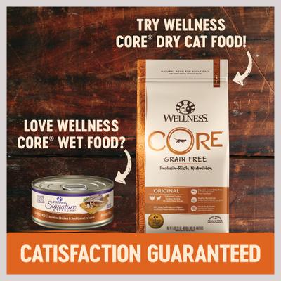 Show full view: Wellness Seafood Pate Favorites Canned Cat Food, 3-oz, case of 24 + Wellness CORE Signature Selects Flaked Skipjack Tuna & Wild Salmon Entree in Broth Grain-Free Canned Cat Food, 5.3-oz, case of 12 slide 5 of 9