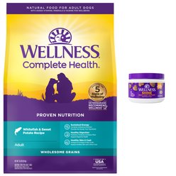 Wellness Shine Skin & Coat Bacon Flavor Chew Supplements + Complete Health Whitefish & Sweet Potato Recipe Dry Dog Food