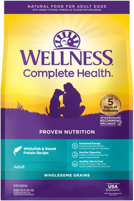 Show full view: Wellness Shine Skin & Coat Bacon Flavor Chew Supplements + Complete Health Whitefish & Sweet Potato Recipe Dry Dog Food slide 2 of 9