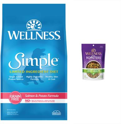 Show full view: Wellness Simple Limited Ingredient Diet Grain-Free Salmon & Potato Formula Dry Dog Food, 24-lb bag + Wellness CORE Bowl Boosters Joint Health Adult Dry Dog Food Topper, 4-oz bag slide 1 of 9