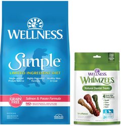 Wellness Simple Limited Ingredient Diet Grain-Free Salmon & Potato Formula Dry Dog Food, 24-lb bag + WHIMZEES Brushzees Grain-Free Natural Daily Dental Dog Treats, Small, 24 count