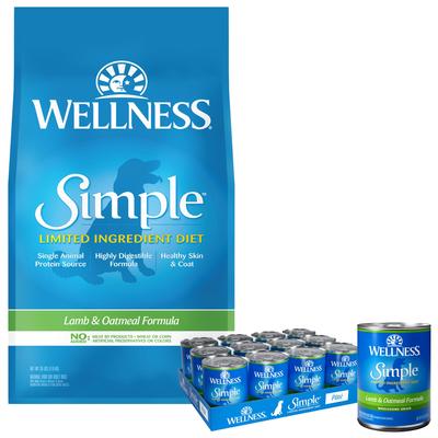 Show full view: Wellness Simple Limited Ingredient Diet Lamb & Oatmeal Formula Dry Dog Food, 26-lb bag + Wellness Simple Limited Ingredient Diet Lamb & Oatmeal Formula Canned Dog Food, 12.5-oz, case of 12 slide 1 of 9