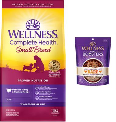 Show full view: Wellness Small Breed Complete Health Adult Turkey & Oatmeal Recipe Dry Dog Food, 12-lb bag + Wellness CORE Bowl Boosters Bare Turkey Freeze-Dried Dog Food Mixer or Topper, 4-oz bag slide 1 of 9
