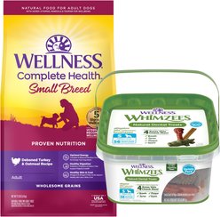 Wellness Small Breed Complete Health Adult Turkey & Oatmeal Recipe Dry Dog Food, 12-lb bag & WHIMZEES Variety Pack Dental Dog Treats, Small, 56 count