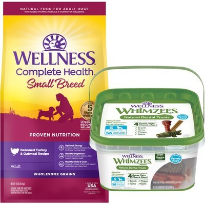 Wellness Wellness Small Breed Complete Health Adult Turkey & Oatmeal Recipe Dry Dog Food, 12-lb bag & WHIMZEES Variety Pack Dental Dog Treats, Small, 56 count