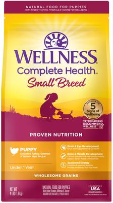 Show full view: Wellness Small Breed Complete Health Puppy Turkey, Oatmeal & Salmon Meal Recipe Dry Dog Food, 4-lb bag + Wellness Complete Health Just for Puppy Canned Dog Food, 12.5-oz, case of 12 slide 6 of 9