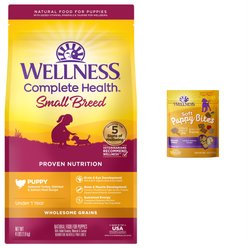 Wellness Small Breed Complete Health Puppy Turkey, Oatmeal & Salmon Meal Recipe Dry Dog Food, 4-lb bag + Wellness Soft Puppy Bites Lamb & Salmon Recipe Grain-Free Dog Treats, 3-oz pouch