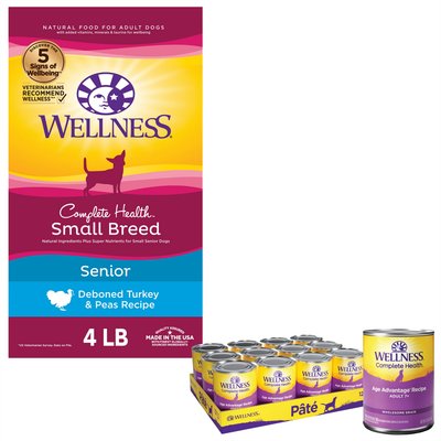 Wellness Wellness Small Breed Complete Health Senior Deboned Turkey & Peas Recipe Dry Dog Food, 4-lb bag + Wellness Complete Health Senior Formula Canned Dog Food, 12.5-oz, case of 12