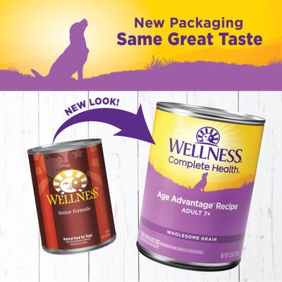 Show full view: Wellness Small Breed Complete Health Senior Deboned Turkey & Peas Recipe Dry Dog Food, 4-lb bag + Wellness Complete Health Senior Formula Canned Dog Food, 12.5-oz, case of 12 slide 3 of 10