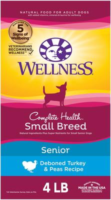 Show full view: Wellness Small Breed Complete Health Senior Deboned Turkey & Peas Recipe Dry Dog Food, 4-lb bag + Wellness Complete Health Senior Formula Canned Dog Food, 12.5-oz, case of 12 slide 6 of 10