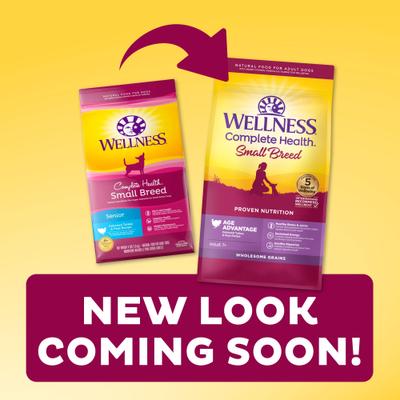 Show full view: Wellness Small Breed Complete Health Senior Deboned Turkey & Peas Recipe Dry Dog Food, 4-lb bag + Wellness Complete Health Senior Formula Canned Dog Food, 12.5-oz, case of 12 slide 7 of 10