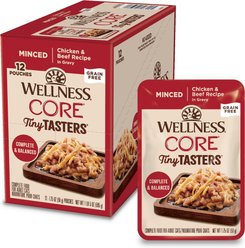 Wellness CORE Tiny Tasters Chicken & Beef Grain-Free Minced Wet Cat Food, 1.75-oz pouch, case of 12