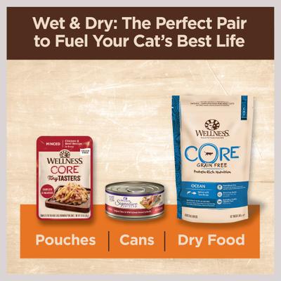 Show full view: Wellness CORE Tiny Tasters Chicken Grain-Free Minced Wet Cat Food, 1.75-oz pouch, case of 12 slide 7 of 12