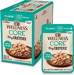 Wellness CORE Tiny Tasters Tuna & Salmon Grain-Free Flaked Wet Cat Food, 1.75-oz pouch, case of 12