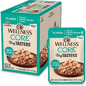 Wellness CORE Tiny Tasters Tuna & Salmon Grain-Free Flaked Wet Cat Food, 1.75-oz pouch, case of 12
