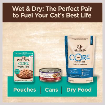 Show full view: Wellness CORE Tiny Tasters Tuna & Salmon Grain-Free Flaked Wet Cat Food, 1.75-oz pouch, case of 12 slide 7 of 12