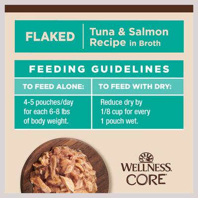 Show full view: Wellness CORE Tiny Tasters Tuna & Salmon Grain-Free Flaked Wet Cat Food, 1.75-oz pouch, case of 12 slide 10 of 12