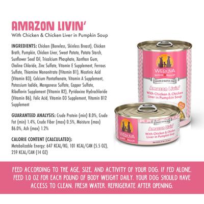Show full view: Weruva Amazon Livin' with Chicken & Chicken Liver in Pumpkin Soup Grain-Free Canned Dog Food, 5.5-oz, case of 24 slide 5 of 12