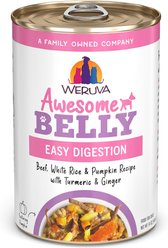 Weruva Awesome Belly, Beef, White Rice & Pumpkin Recipe with Turmeric & Ginger Adult Gluten-Free Shredded Canned Wet Dog Food, 14-oz can, case of 10