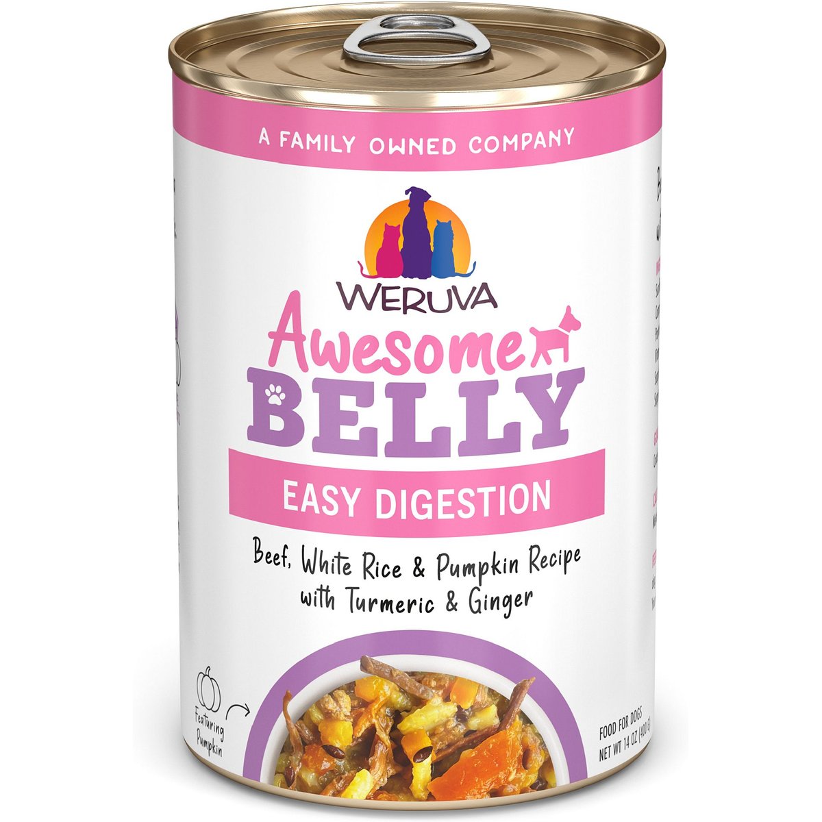 Weruva Awesome Belly, Beef, White Rice & Pumpkin Recipe with Turmeric & Ginger Adult Gluten-Free Shredded Canned Wet Dog Food, 14-oz can, case of 10