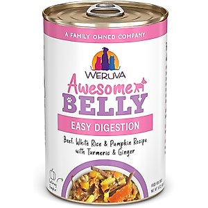 Weruva Awesome Belly, Beef, White Rice & Pumpkin Recipe with Turmeric & Ginger Adult Gluten-Free Shredded Canned Wet Dog Food, 14-oz can, case of 10
