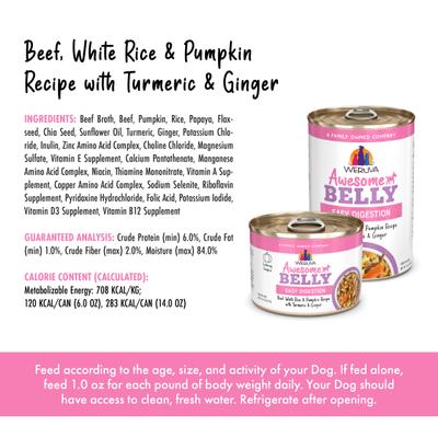 Show full view: Weruva Awesome Belly, Beef, White Rice & Pumpkin Recipe with Turmeric & Ginger Adult Gluten-Free Shredded Canned Wet Dog Food, 14-oz can, case of 10 slide 5 of 12