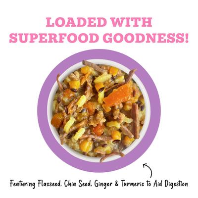 Show full view: Weruva Awesome Belly, Beef, White Rice & Pumpkin Recipe with Turmeric & Ginger Adult Gluten-Free Shredded Canned Wet Dog Food, 14-oz can, case of 10 slide 4 of 12