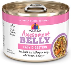 Weruva Awesome Belly, Beef, White Rice & Pumpkin Recipe with Turmeric & Ginger Adult Gluten-Free Shredded Canned Wet Dog Food, 6-oz can, case of 8