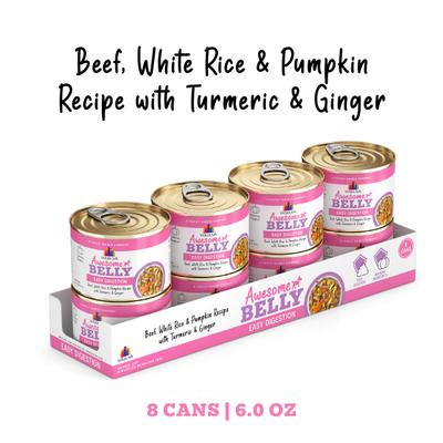 Show full view: Weruva Awesome Belly, Beef, White Rice & Pumpkin Recipe with Turmeric & Ginger Adult Gluten-Free Shredded Canned Wet Dog Food, 6-oz can, case of 8 slide 3 of 12