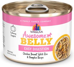 Weruva Awesome Belly, Chicken Breast, White Rice & Pumpkin Recipe Adult Gluten-Free Shredded Canned Wet Dog Food, 6-oz can, case of 8