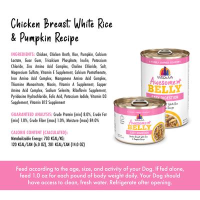 Show full view: Weruva Awesome Belly, Chicken Breast, White Rice & Pumpkin Recipe Adult Gluten-Free Shredded Canned Wet Dog Food, 6-oz can, case of 8 slide 5 of 12