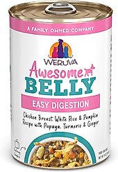 Weruva Awesome Belly, Chicken Breast, White Rice & Pumpkin Recipe with Papaya, Turmeric & Ginger Adult Gluten-Free Shredded Canned Wet Dog Food, 14-oz can, case of 10