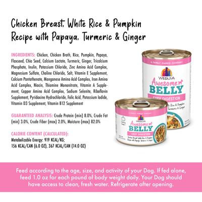 Show full view: Weruva Awesome Belly, Chicken Breast, White Rice & Pumpkin Recipe with Papaya, Turmeric & Ginger Adult Gluten-Free Shredded Canned Wet Dog Food, 14-oz can, case of 10 slide 5 of 12
