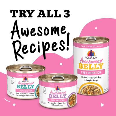 Show full view: Weruva Awesome Belly, Chicken Breast, White Rice & Pumpkin Recipe with Papaya, Turmeric & Ginger Adult Gluten-Free Shredded Canned Wet Dog Food, 14-oz can, case of 10 slide 9 of 12