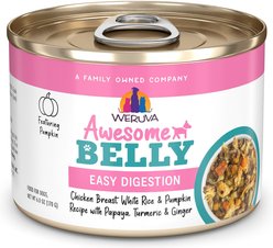 Weruva Awesome Belly, Chicken Breast, White Rice & Pumpkin Recipe with Papaya, Turmeric & Ginger Adult Gluten-Free Shredded Canned Wet Dog Food, 6-oz can, case of 8