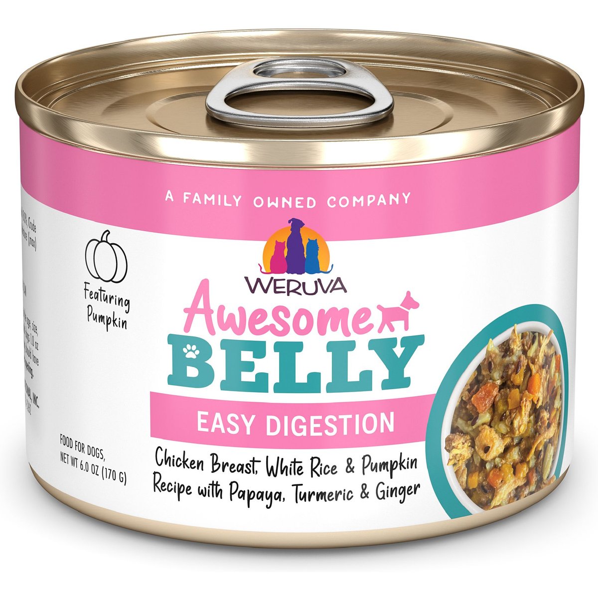 Weruva Awesome Belly, Chicken Breast, White Rice & Pumpkin Recipe with Papaya, Turmeric & Ginger Adult Gluten-Free Shredded Canned Wet Dog Food, 6-oz can, case of 8