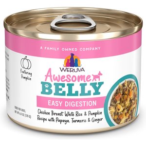 Weruva Awesome Belly, Chicken Breast, White Rice & Pumpkin Recipe with Papaya, Turmeric & Ginger Adult Gluten-Free Shredded Canned Wet Dog Food, 6-oz can, case of 8