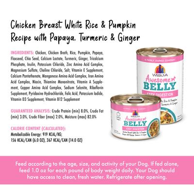 Show full view: Weruva Awesome Belly, Chicken Breast, White Rice & Pumpkin Recipe with Papaya, Turmeric & Ginger Adult Gluten-Free Shredded Canned Wet Dog Food, 6-oz can, case of 8 slide 5 of 12