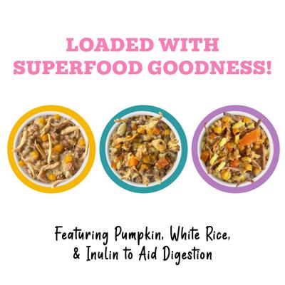 Show full view: Weruva Awesome Belly Sensitive Stomach Superhero Variety Pack Adult Gluten-Free Chicken Shredded Canned Wet Dog Food, 14-oz can, case of 9 slide 6 of 11