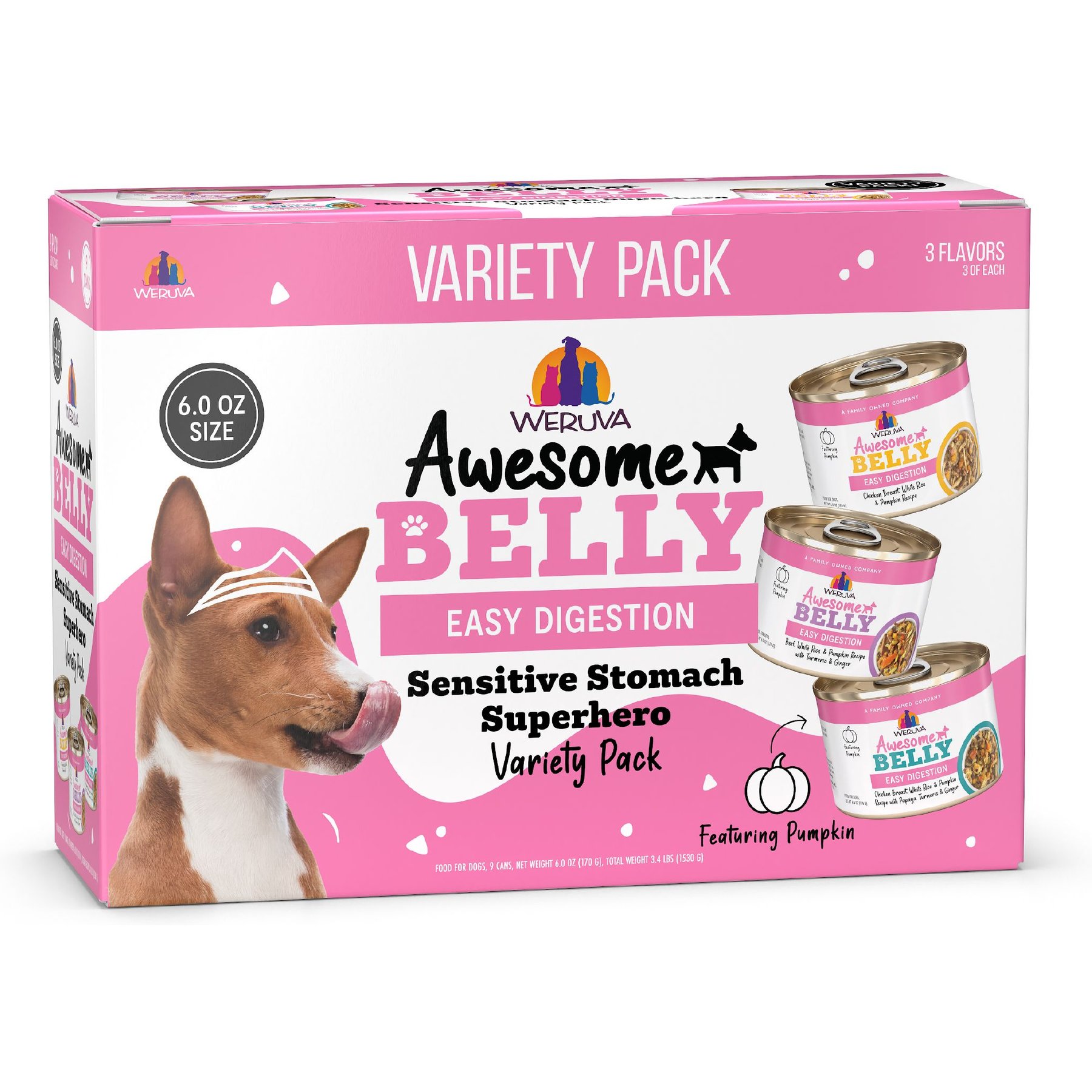 Weruva Awesome Belly Sensitive Stomach Superhero Variety Pack Adult Gluten-Free Chicken Shredded Canned Wet Dog Food, 6-oz can, case of 9