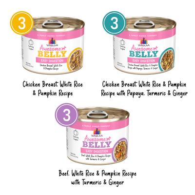 Show full view: Weruva Awesome Belly Sensitive Stomach Superhero Variety Pack Adult Gluten-Free Chicken Shredded Canned Wet Dog Food, 6-oz can, case of 9 slide 4 of 11
