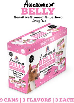 Show full view: Weruva Awesome Belly Sensitive Stomach Superhero Variety Pack Adult Gluten-Free Chicken Shredded Canned Wet Dog Food, 6-oz can, case of 9 slide 3 of 11