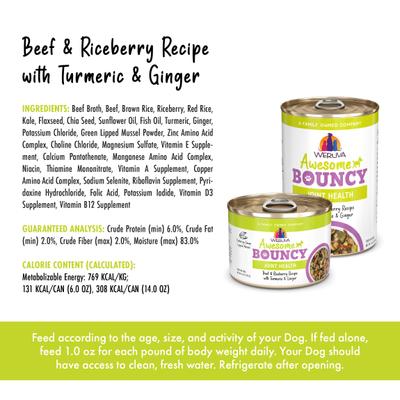 Show full view: Weruva Awesome Bouncy, Beef & Riceberry Recipe with Turmeric & Ginger Adult Gluten-Free Shredded Canned Wet Dog Food, 6-oz can, case of 8 slide 5 of 12