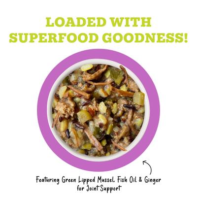 Show full view: Weruva Awesome Bouncy, Beef & Riceberry Recipe with Turmeric & Ginger Adult Gluten-Free Shredded Canned Wet Dog Food, 6-oz can, case of 8 slide 4 of 12